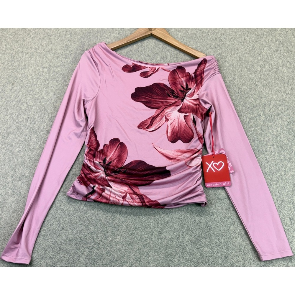 NWT Madden Girl Womens Asymmetrical Boat Neck Top Pink Flower Ruched Classic M